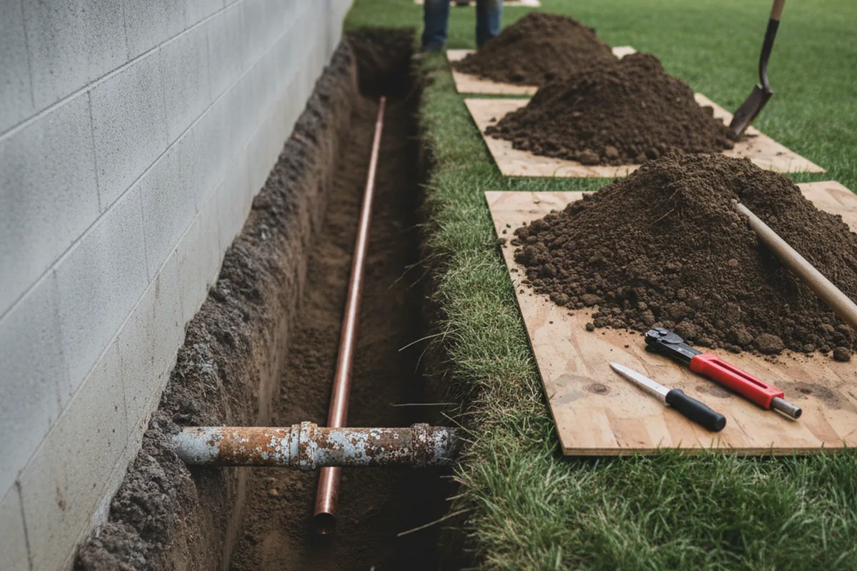Excavated water line trench during Water Softener Installation in Sunset Beach